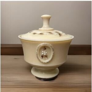 Beautiful Westmorland Almond Color Hand Painted Milk Glass Candy Dish Signed